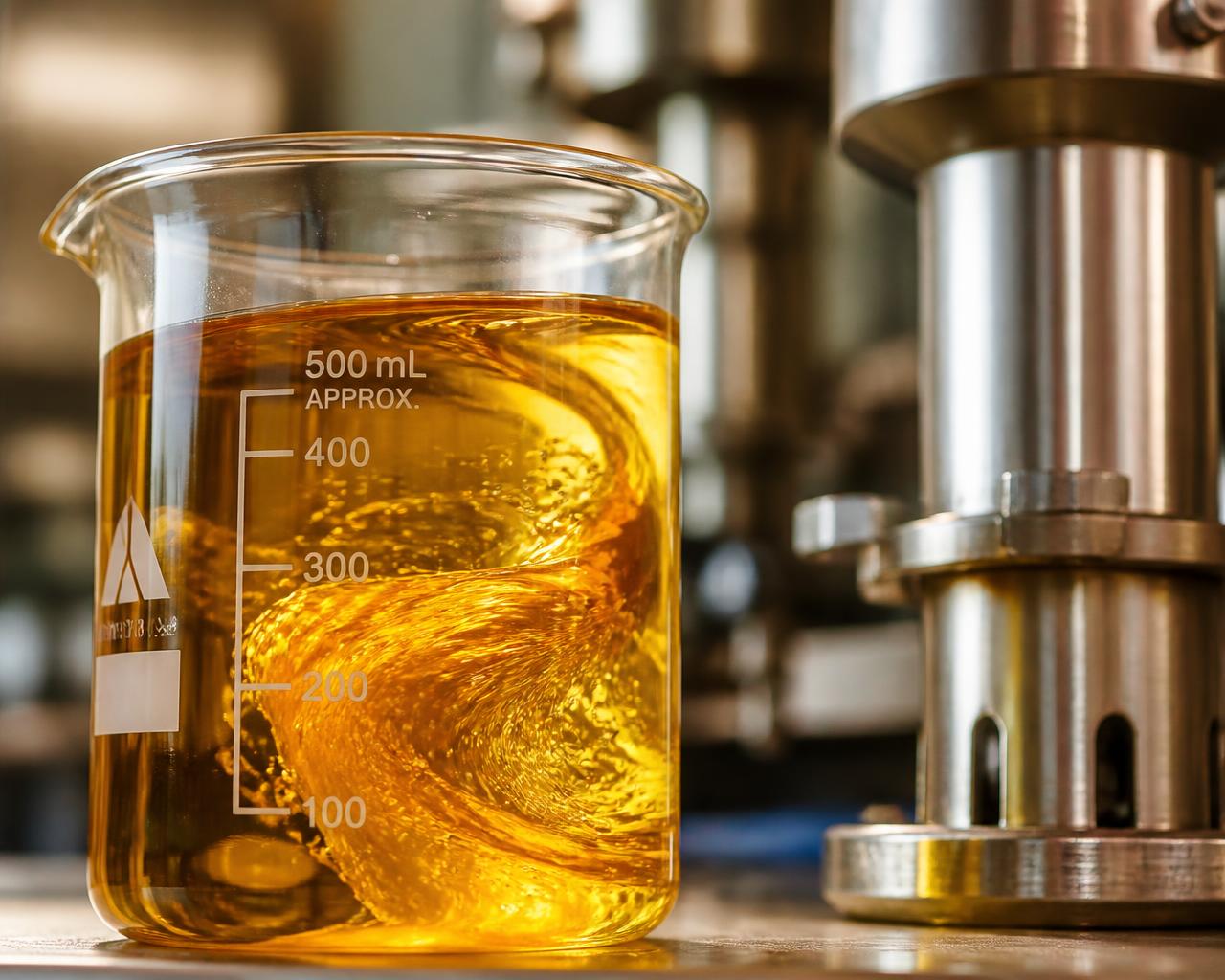 Golden oil swirling in a laboratory beaker beside blending equipment