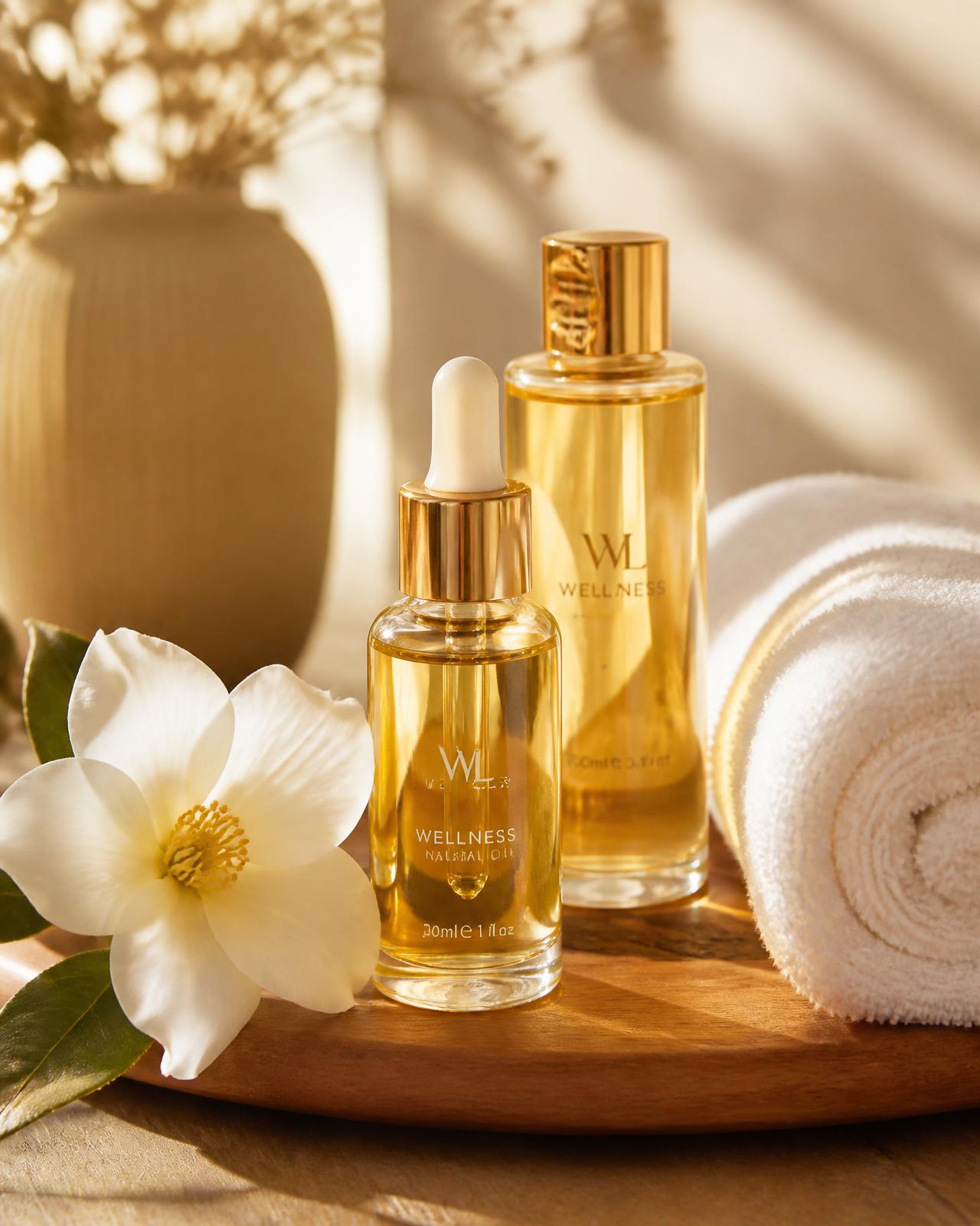 Premium amber wellness oils with white flower and rolled towel